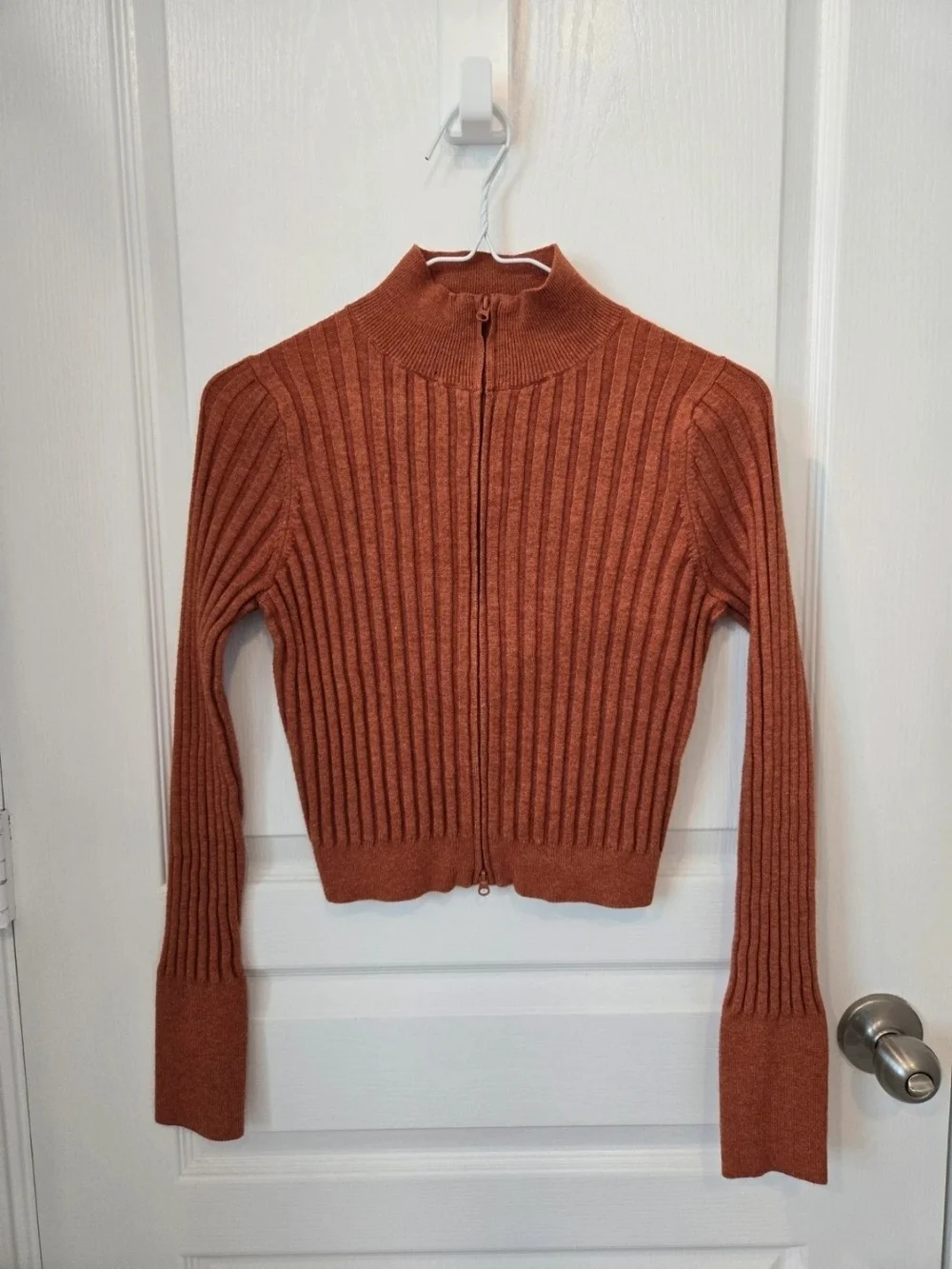 Ribbed Zip-Front Women's Sweater Jacket in Rust
